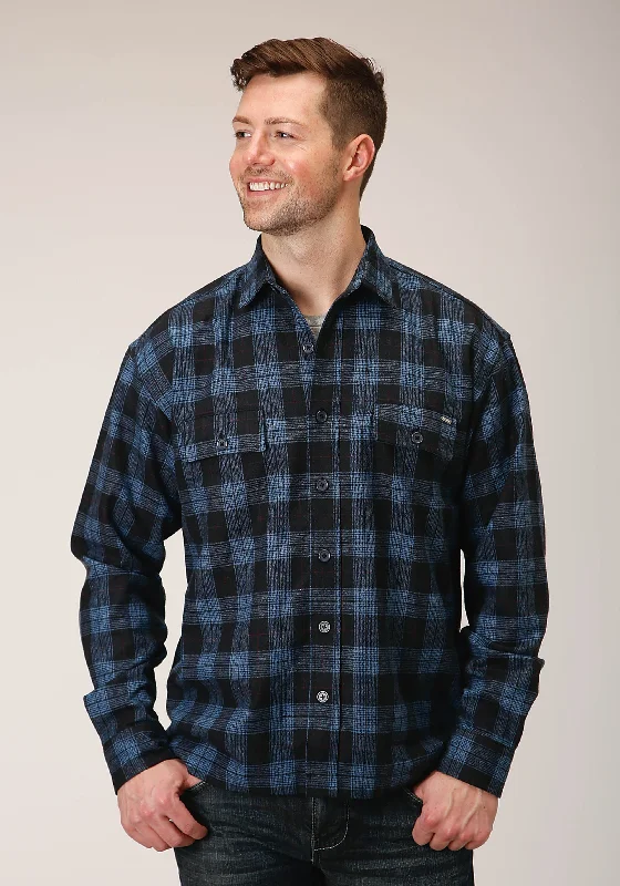 MENS SNAP BLUE PLAID WOOL BLEND SHIRT JACKET