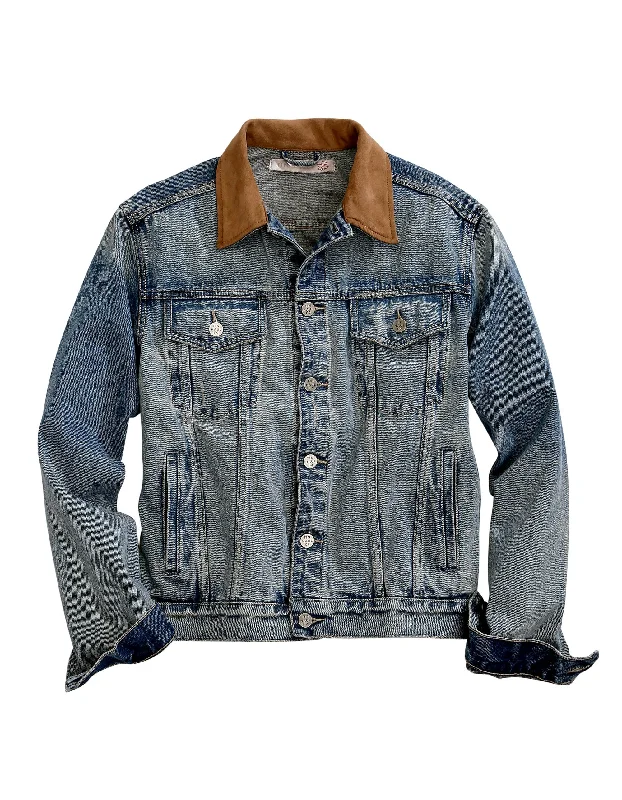 MENS SUEDE COLLAR BLUE DENIM JACKET