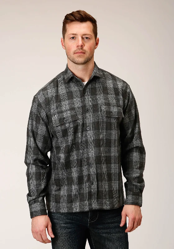 MENS SNAP  GREY PLAID WOOL BLEND SHIRT JACKET