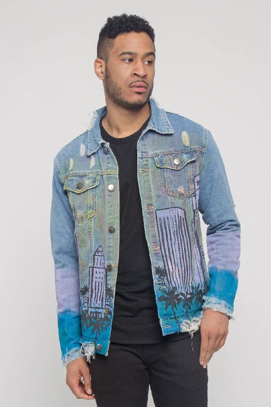 Distressed Airbrushed City Denim Jacket