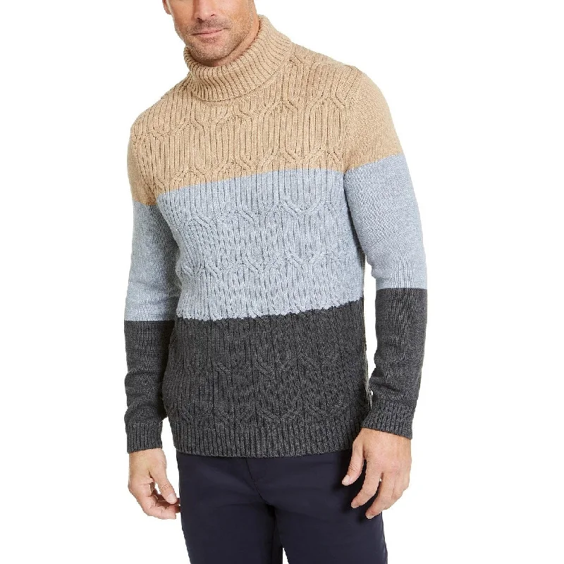 Tasso Elba Men's Chunky Cable Knit Colorblocked Turtleneck Sweater Grey Size X-Large