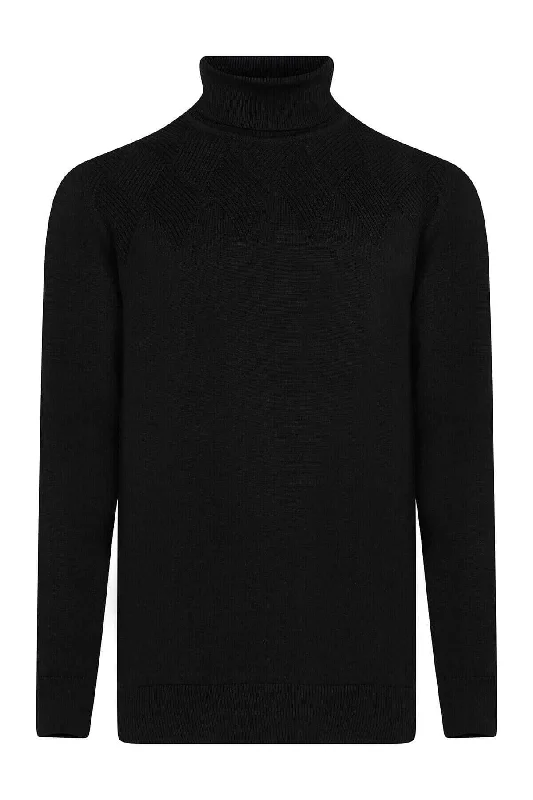 Regular Fit Patterned Cotton Blend Khaki Turtleneck Sweater, Black