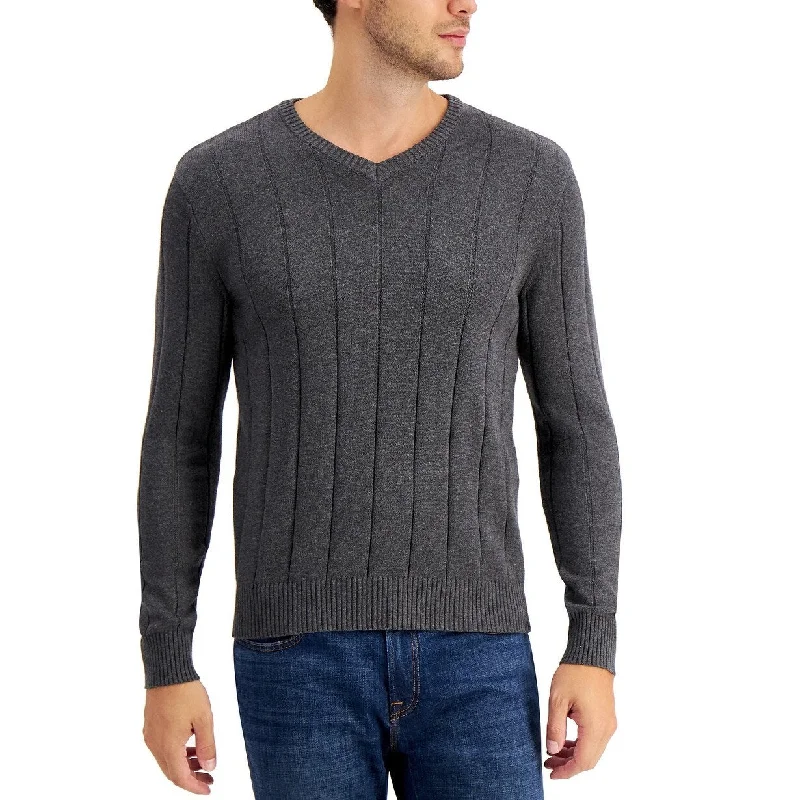 Club Room Men's Cotton Textured V-Neck Sweater Gray Size Medium