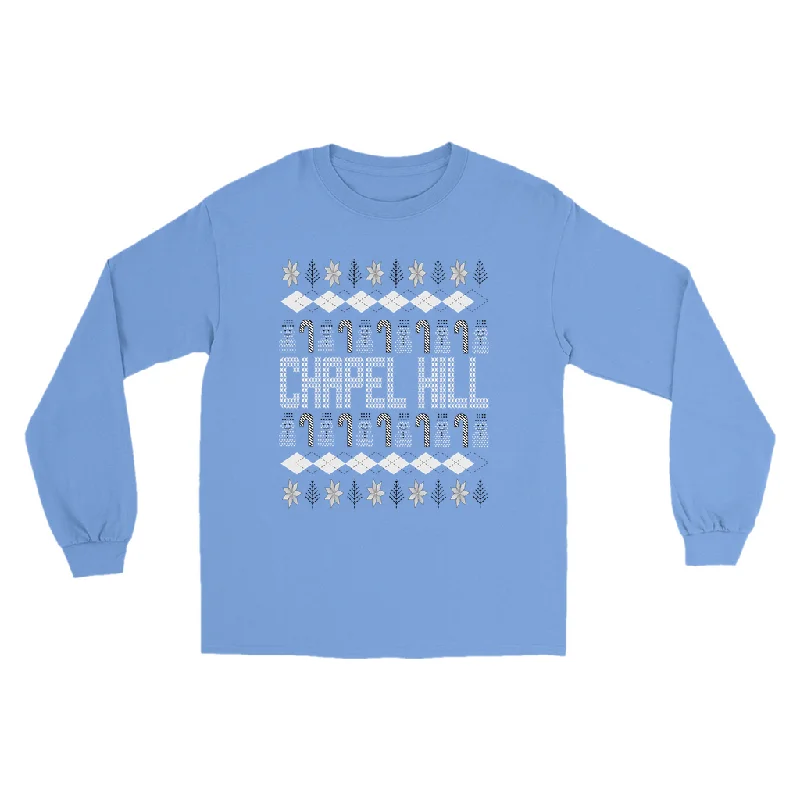 Chapel Hill Christmas Pattern Carolina Blue Adult Long Sleeve T-Shirt