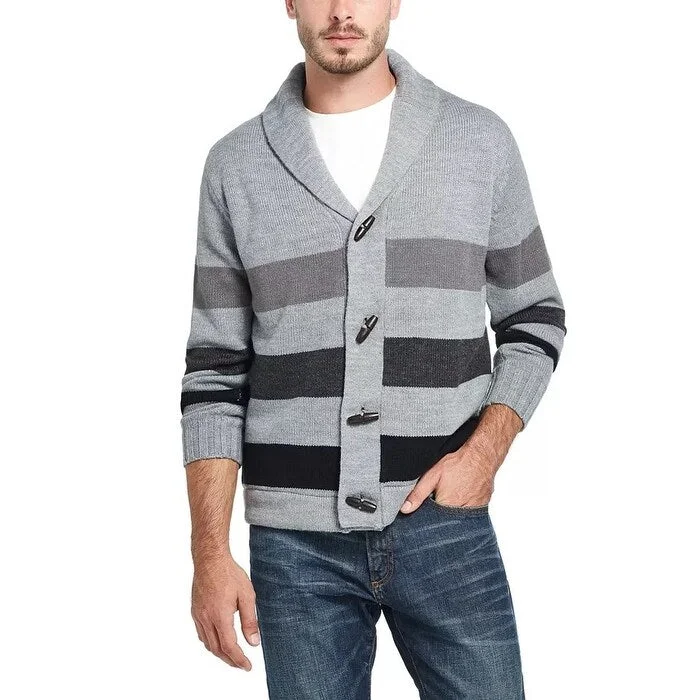 Weatherproof Vintage Men's Stripe Toggle Shawl Collar Sweater Grey Size Small