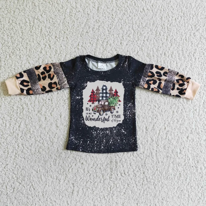 BT0037 Christmas Tree Leopard Black Boys Long Sleeve Top T-shirts