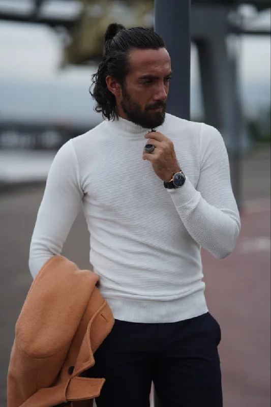 Thread Slim Fit Custom Design Half Turtleneck White Sweater