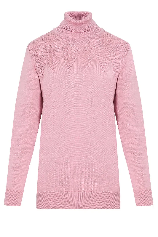 Regular Fit Patterned Cotton Blend Khaki Turtleneck Sweater, Rose