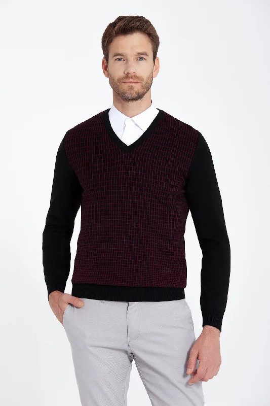 Regular Fit Patterned Cotton Blend Brown & Beige V-Neck Sweater, Black - Burgundy