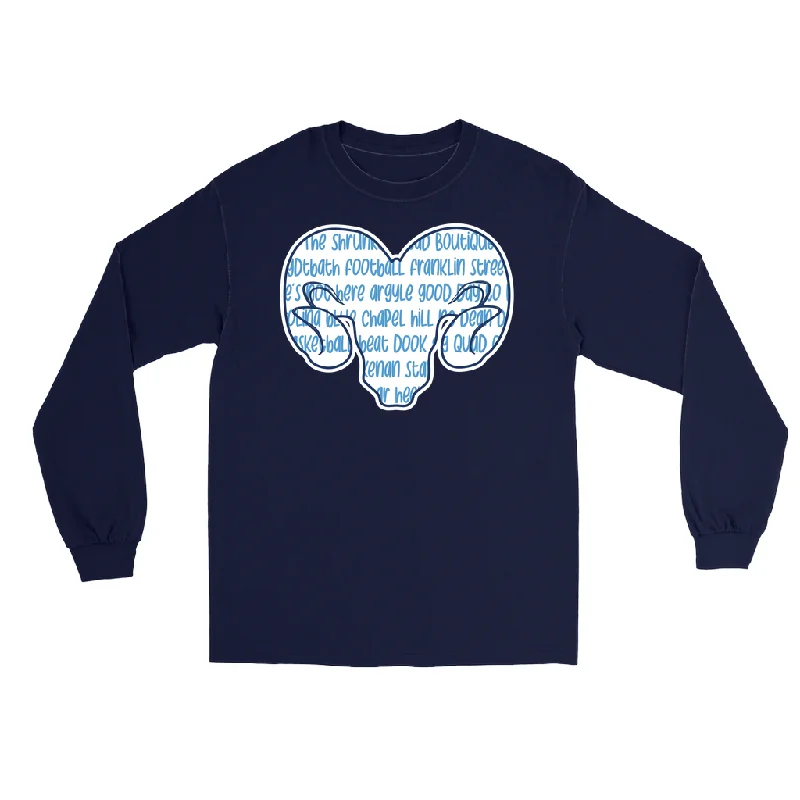 Carolina Blue and White Word Ram Adult Long Sleeve Tee