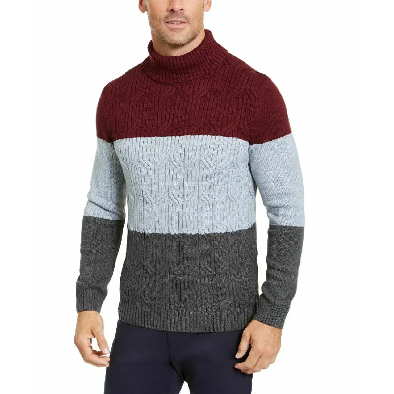 Tasso Elba Men's Chunky Cable-Knit Colorblocked Turtleneck Sweater Red Size Small