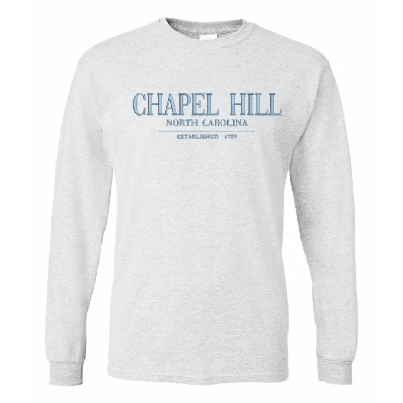 Chapel Hill North Carolina Embroidered Chill Grey Long Sleeve T-Shirt