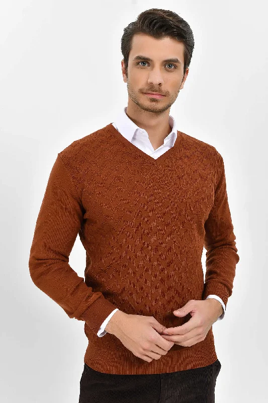 Regular Fit Plain Cotton Blend Burgundy V-Neck Sweater, Cinnamon