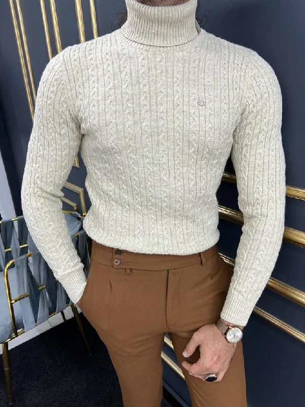 Bojoni Astoria Beige Slim Fit Striped Pattern Turtleneck Sweater