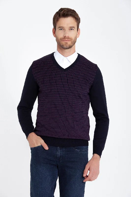 Regular Fit Patterned Cotton Blend Brown & Beige V-Neck Sweater, Navy - Light Purple