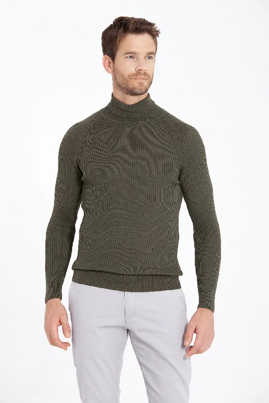 Slim Fit Khaki Turtleneck Sweater