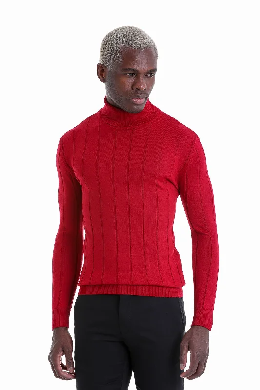 Comfort Fit Drop Needle Wool Blend Red Turtleneck Sweater