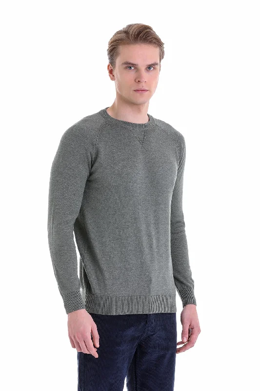 Slim Fit Light Khaki Cotton Blend Crewneck Sweater