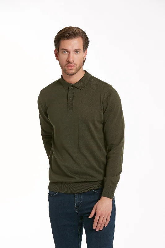 Regular Fit Cotton Blend Green Polo Sweater