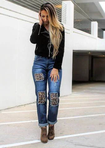 L&B Dark Blue Boyfriend Cut Cuffed Jean with Leopard Patches LB-627