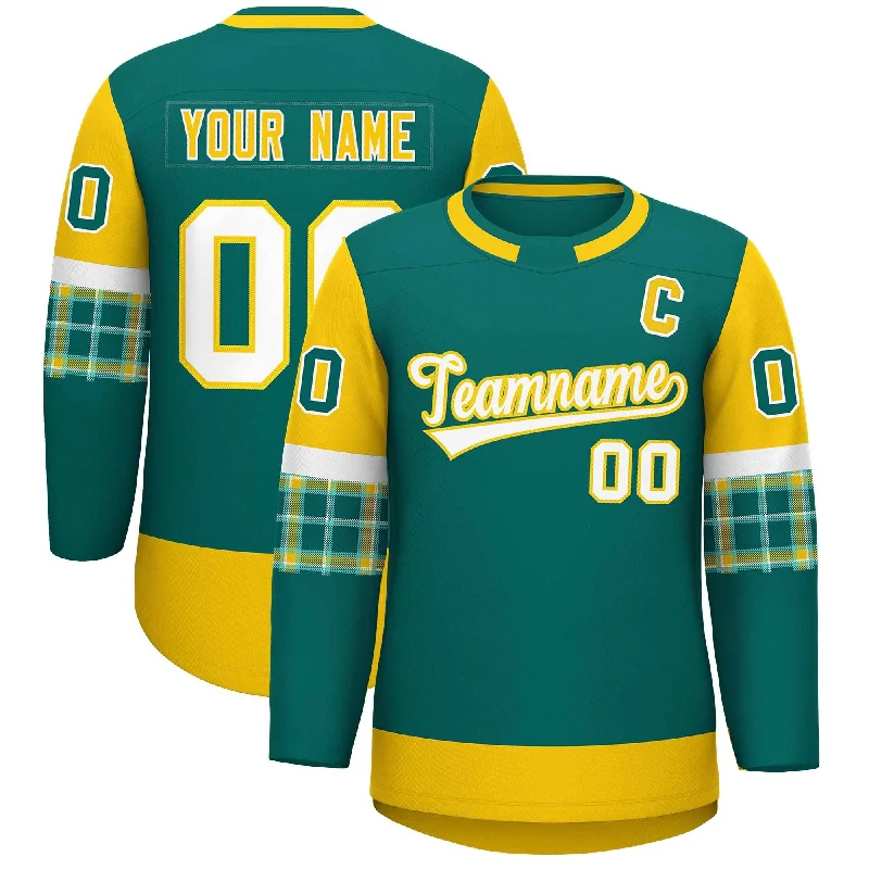 Custom Aqua Gold Personalized Raglan Sleeves Round-Neck Hockey Jersey