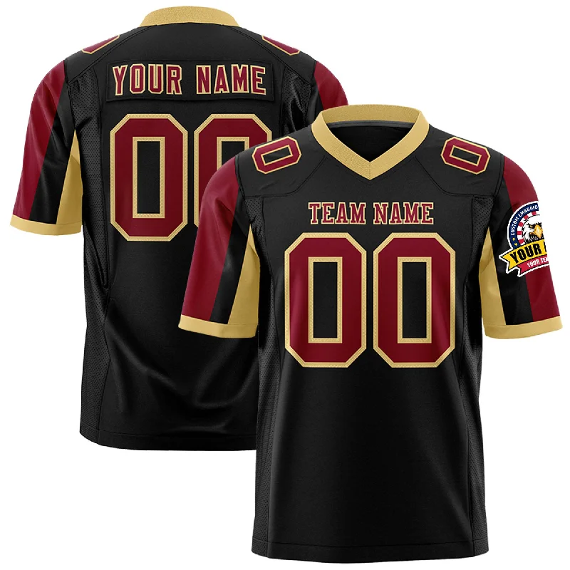 Custom Black Crimson-Khaki Color Block Personalized Raglan Sleeves Authentic Football Jersey