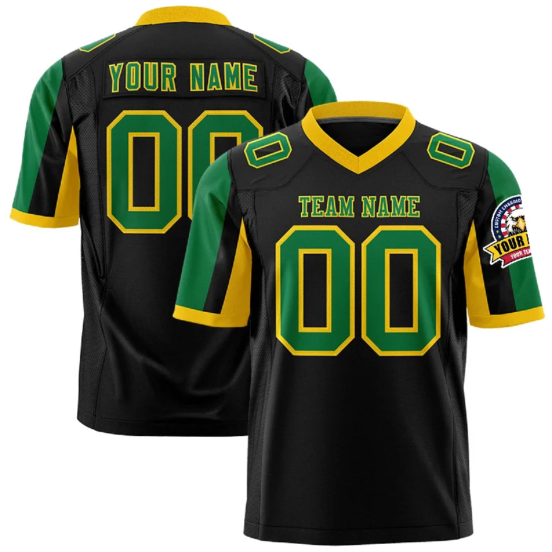 Custom Black Kelly Green-Gold Color Block Personalized Raglan Sleeves Authentic Football Jersey