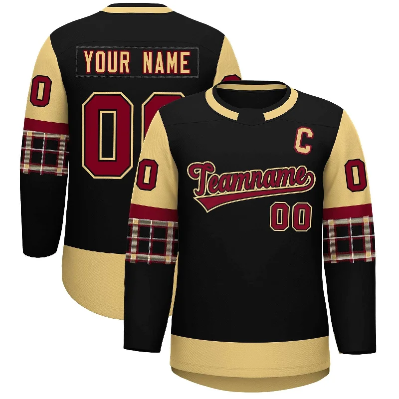 Custom Black Khaki Personalized Raglan Sleeves Round-Neck Hockey Jersey