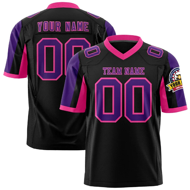 Custom Black Purple-Pink Color Block Personalized Raglan Sleeves Authentic Football Jersey