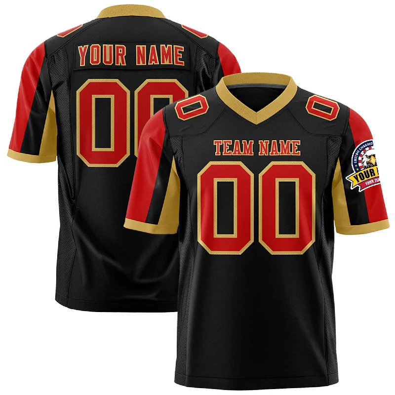 Custom Black Red-Old Gold Color Block Personalized Raglan Sleeves Authentic Football Jersey