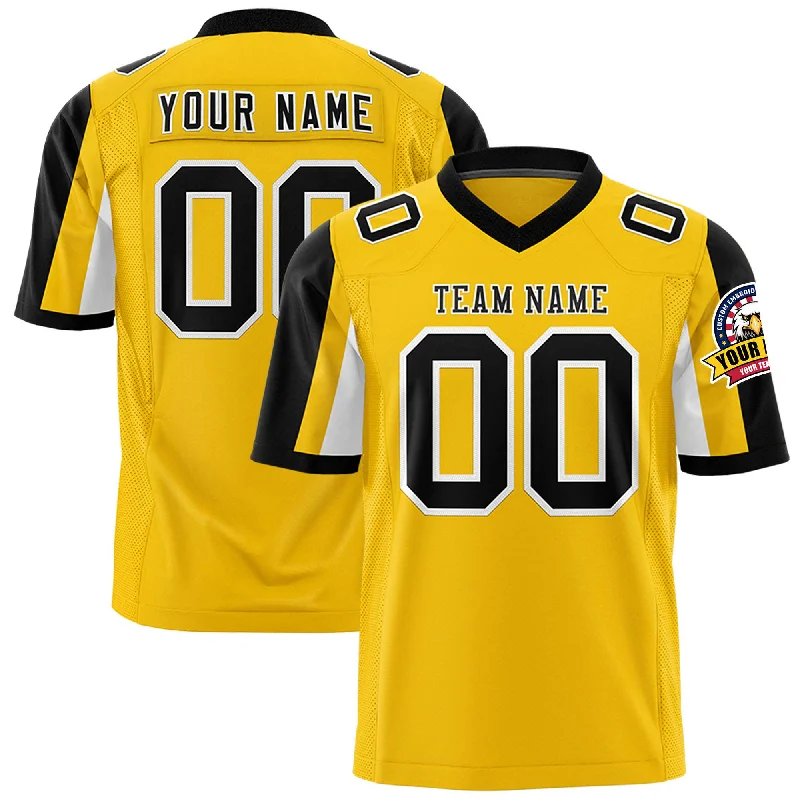 Custom Gold Black-White Color Block Personalized Raglan Sleeves Authentic Football Jersey