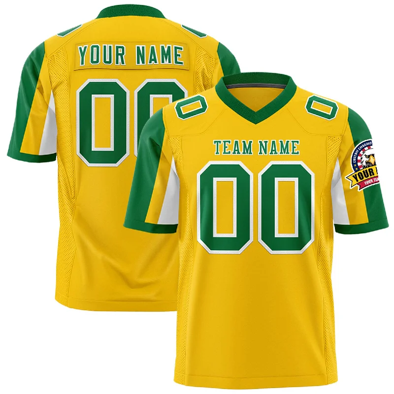 Custom Gold Kelly Green-White Color Block Personalized Raglan Sleeves Authentic Football Jersey