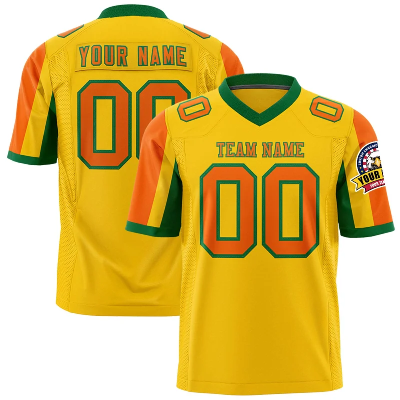 Custom Gold Orange-Kelly Green Color Block Personalized Raglan Sleeves Authentic Football Jersey