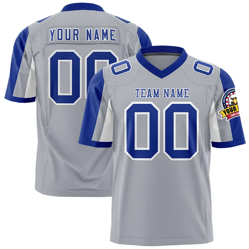 Custom Gray Royal-White Color Block Personalized Raglan Sleeves Authentic Football Jersey