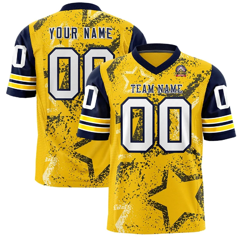 Custom Navy Gold-White Personalized Star Pattern Design Authentic Football Jersey