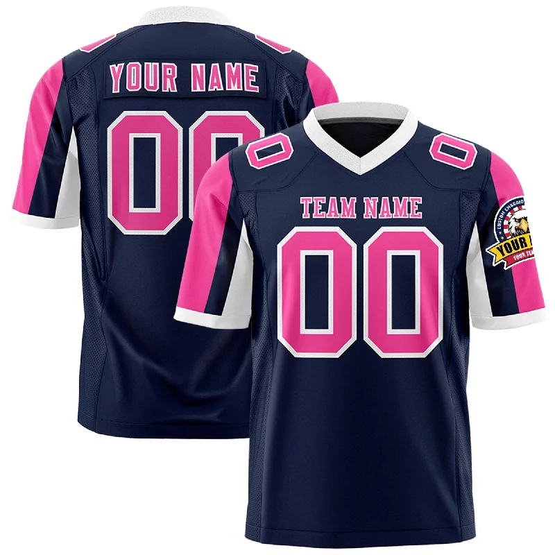 Custom Navy Pink-White Color Block Personalized Raglan Sleeves Authentic Football Jersey