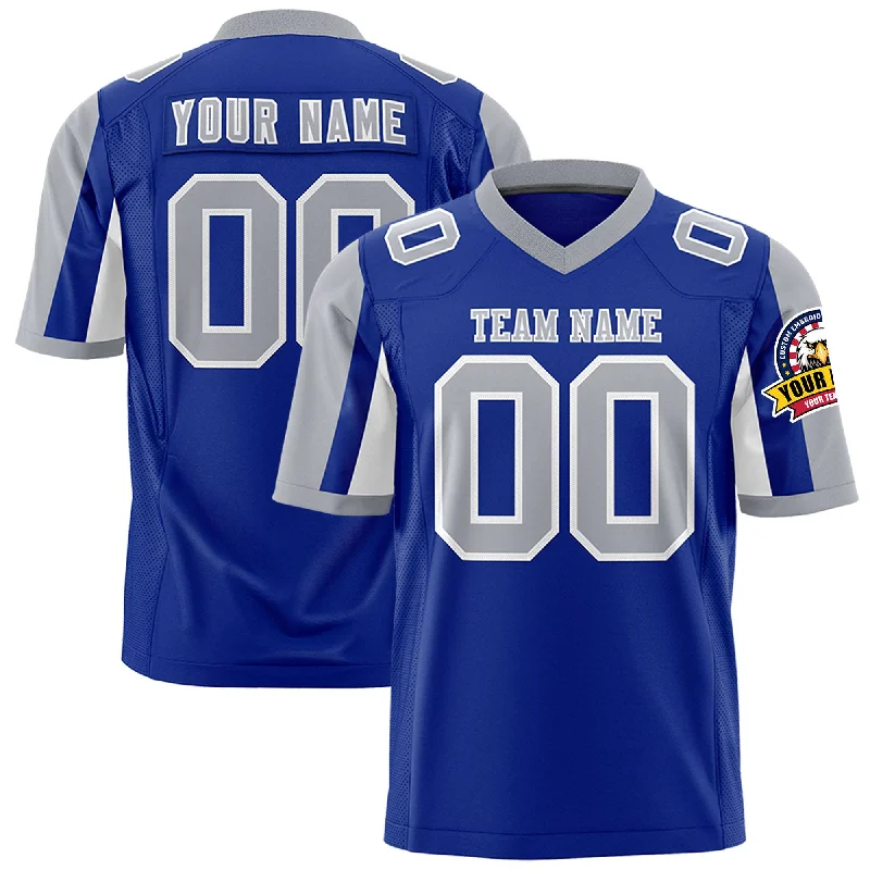 Custom Royal Gray-White Color Block Personalized Raglan Sleeves Authentic Football Jersey