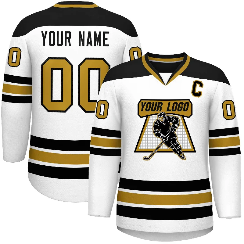 Custom White Black-Old Gold Personalized Classic V-Neck Hockey Jersey