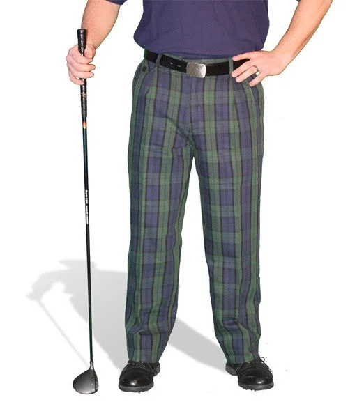 Golf Knickers: Mens 'Par 5' Cotton/Ramie Plaid Golf Trousers - Black Watch