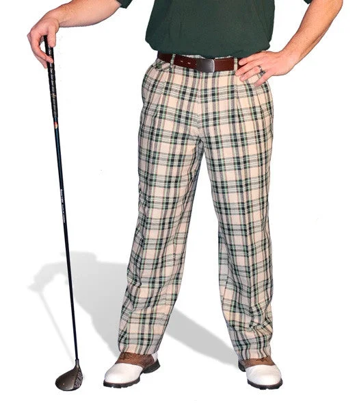 Golf Knickers: Mens 'Par 5' Cotton/Ramie Plaid Golf Trousers - Khaki Stewart