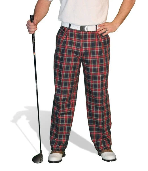 Golf Knickers: Mens 'Par 5' Cotton/Ramie Plaid Golf Trousers - Navy Stewart